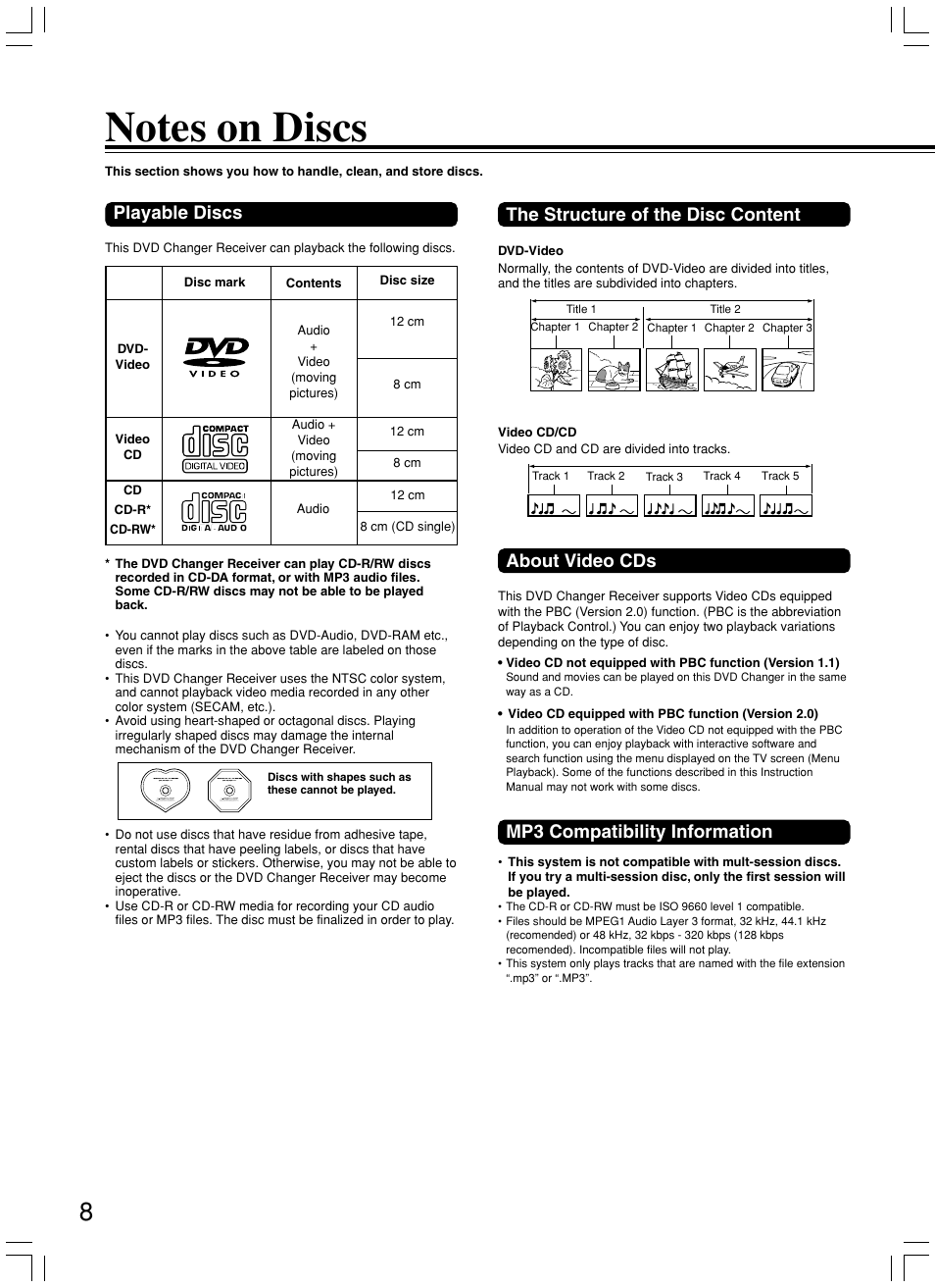 Playable discs, The structure of the disc content, About video cds | Mp3 compatibility information | Onkyo DR-C500 User Manual | Page 8 / 68