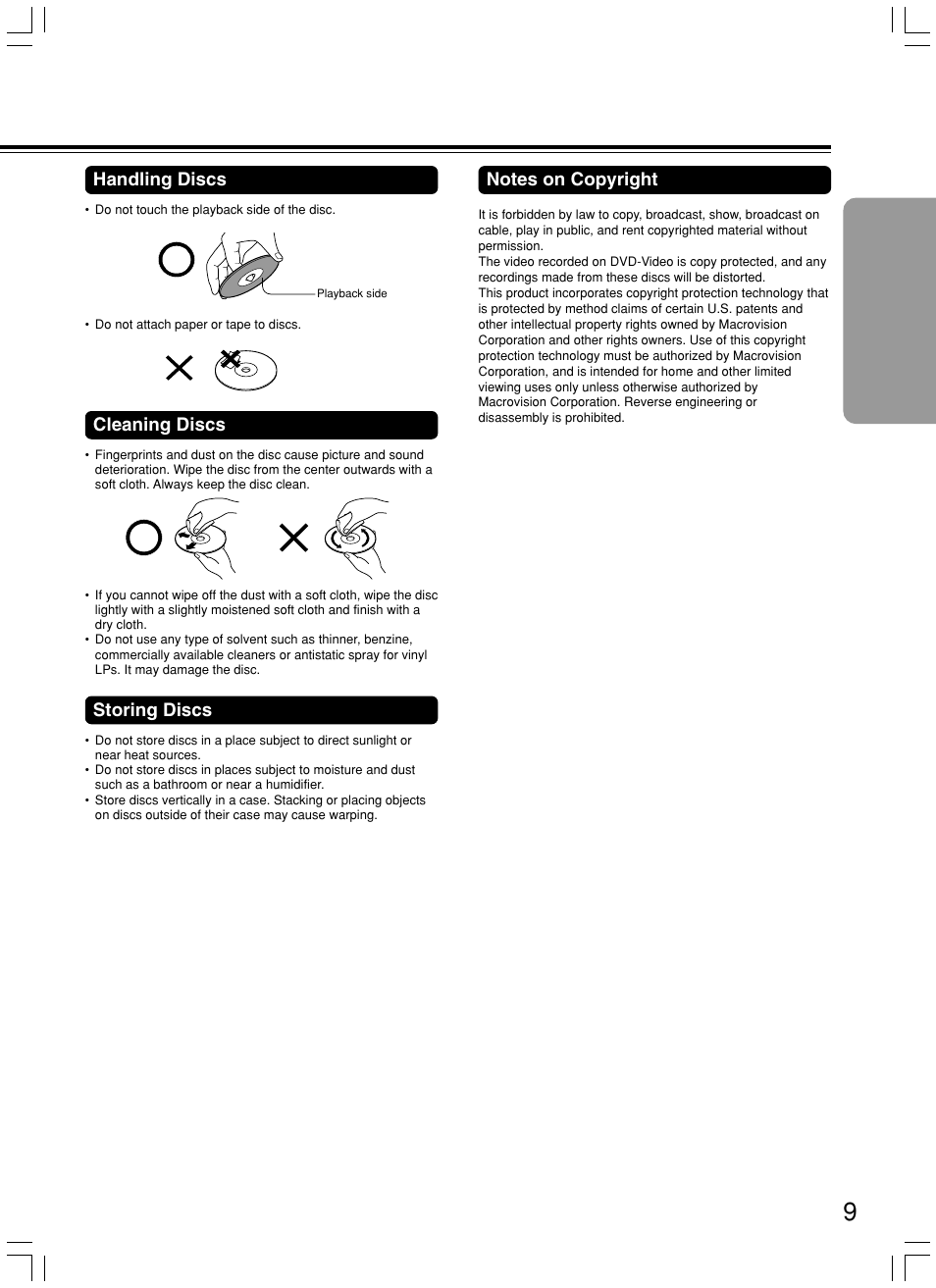 Cleaning discs, Storing discs, Handling discs | Onkyo DR-C500 User Manual | Page 9 / 68