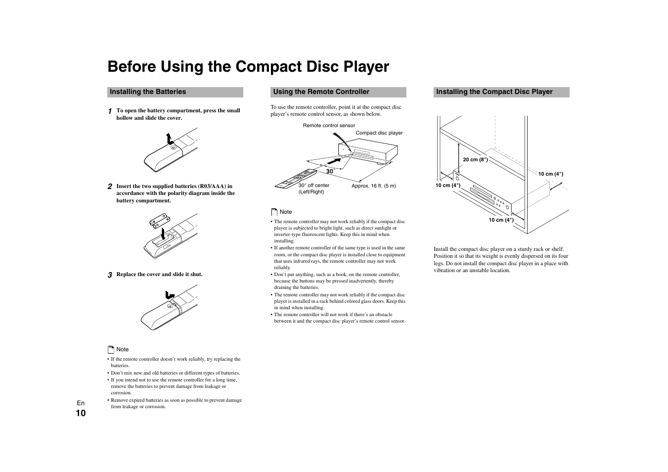 Before using the compact disc player, Installing the batteries, Using the remote controller | Installing the compact disc player | Onkyo C-7000R User Manual | Page 10 / 36