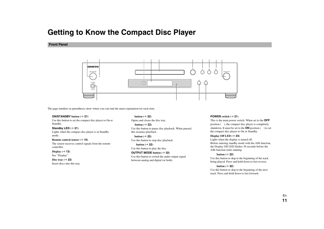 Getting to know the compact disc player, Front panel | Onkyo C-7000R User Manual | Page 11 / 36