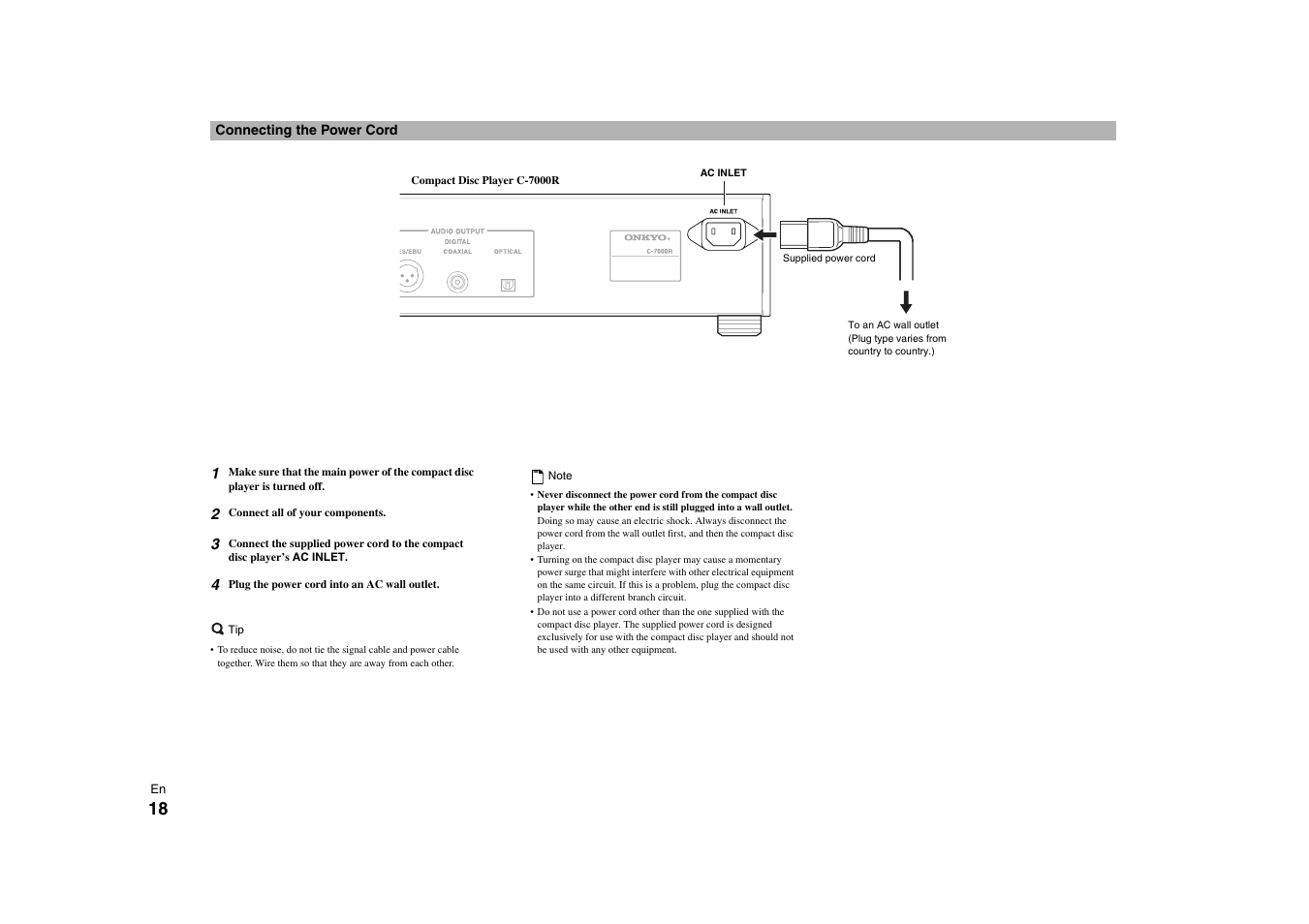 Connecting the power cord | Onkyo C-7000R User Manual | Page 18 / 36