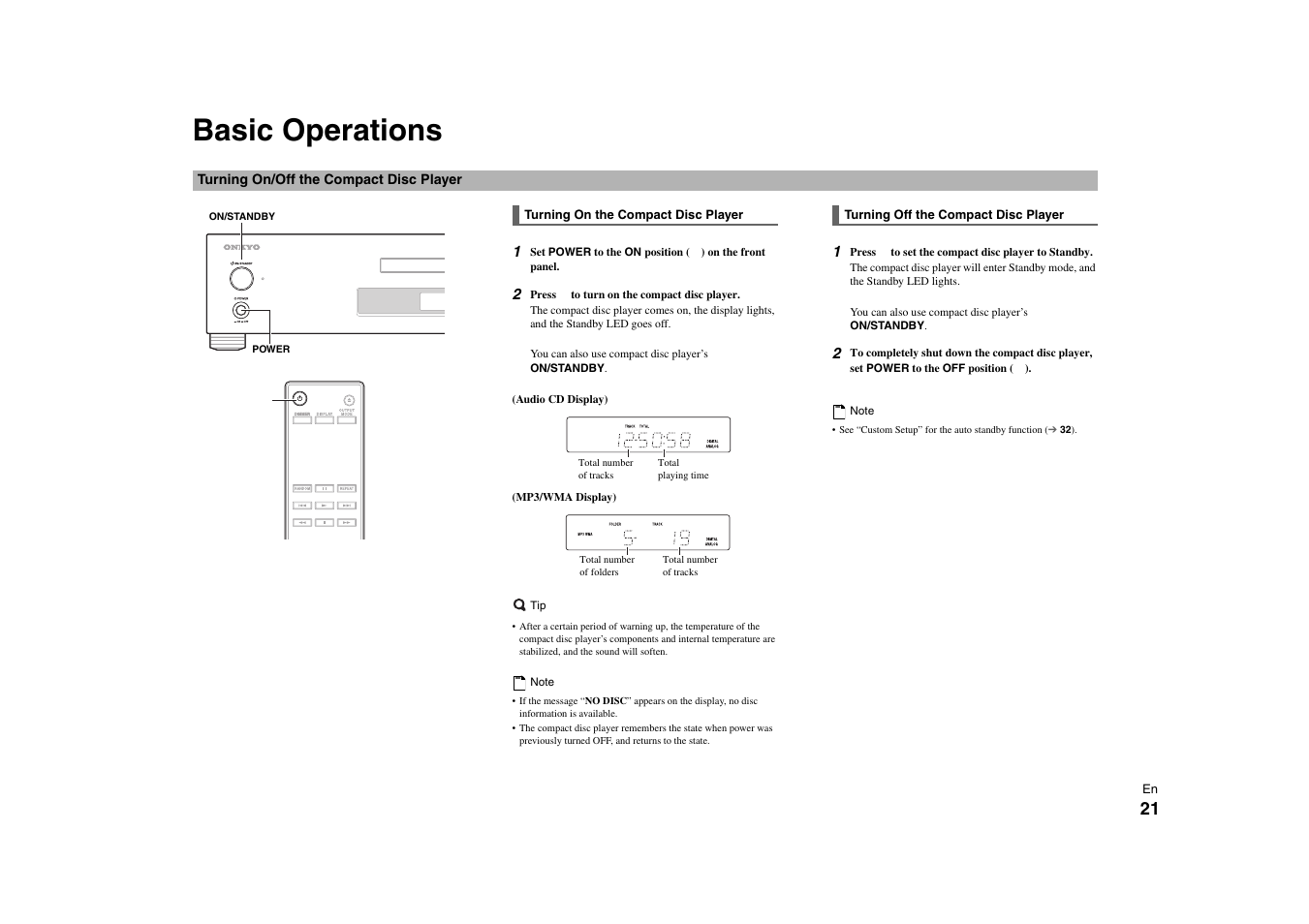 Turning on & basic operations, Basic operations, Turning on/off the compact disc player | Button, Switch, Total indicator, Cator | Onkyo C-7000R User Manual | Page 21 / 36