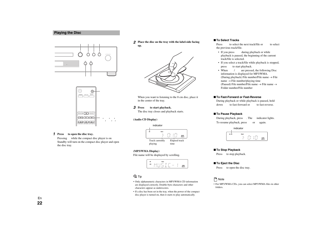 Playing the disc, Disc tray | Onkyo C-7000R User Manual | Page 22 / 36