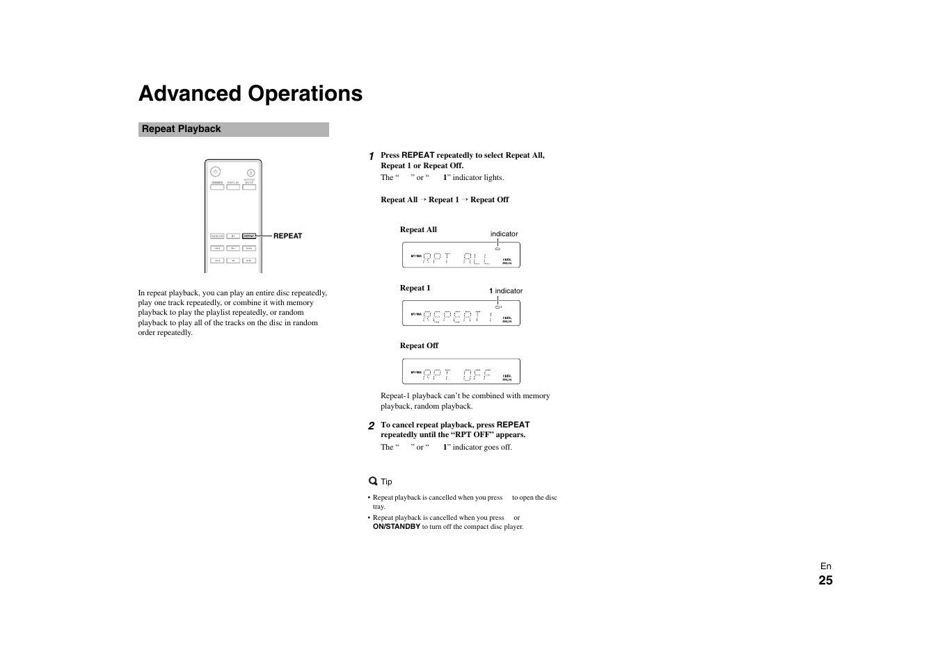 Advanced operations, Repeat playback | Onkyo C-7000R User Manual | Page 25 / 36