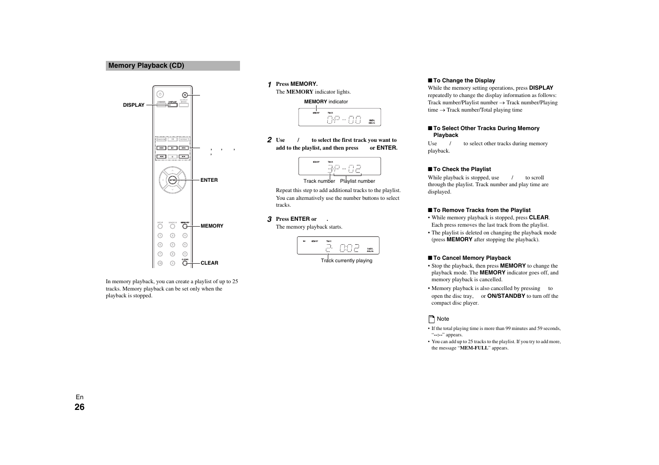 Memory playback (cd) | Onkyo C-7000R User Manual | Page 26 / 36