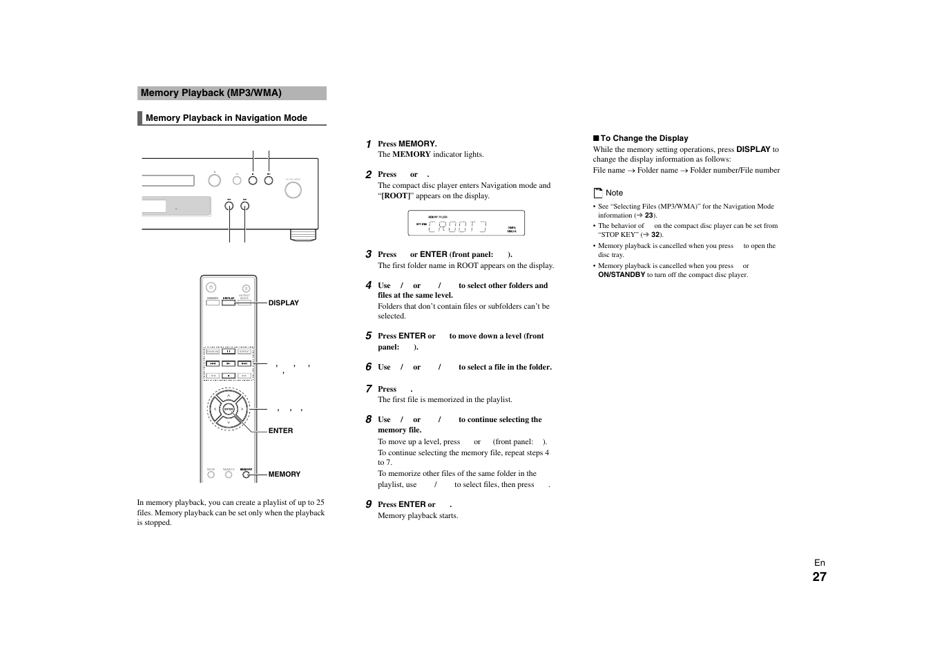 Memory playback (mp3/wma) | Onkyo C-7000R User Manual | Page 27 / 36