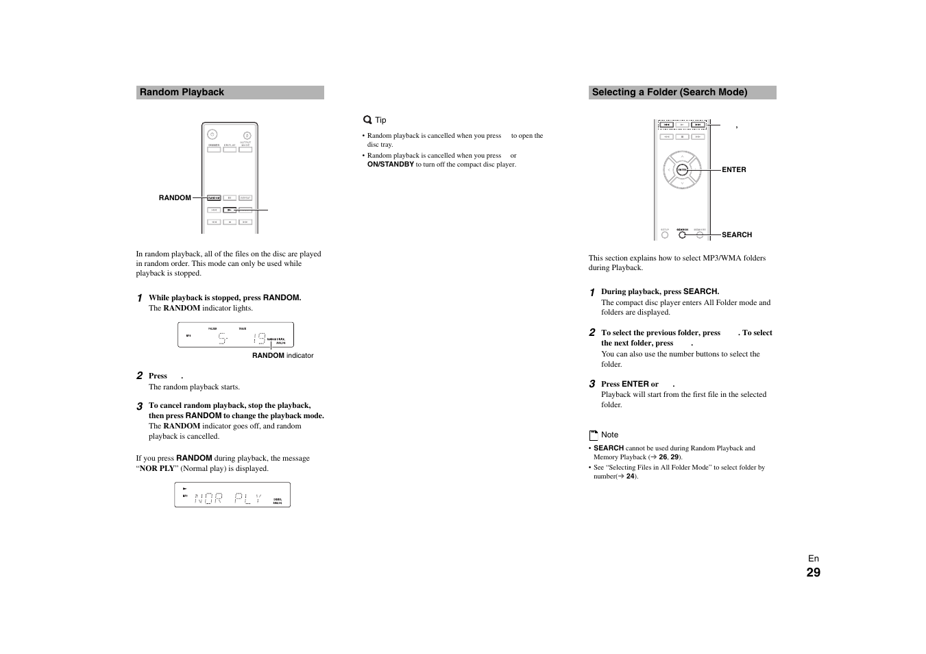 Random playback, Selecting a folder (search mode), Random playback selecting a folder (search mode) | Om indicator | Onkyo C-7000R User Manual | Page 29 / 36