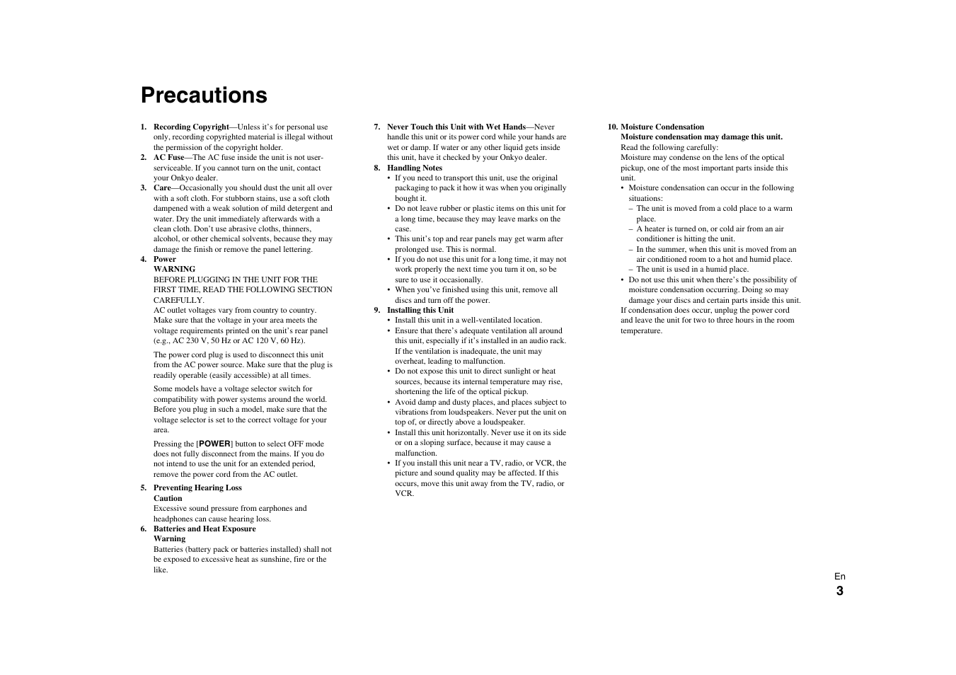 Precautions | Onkyo C-7000R User Manual | Page 3 / 36