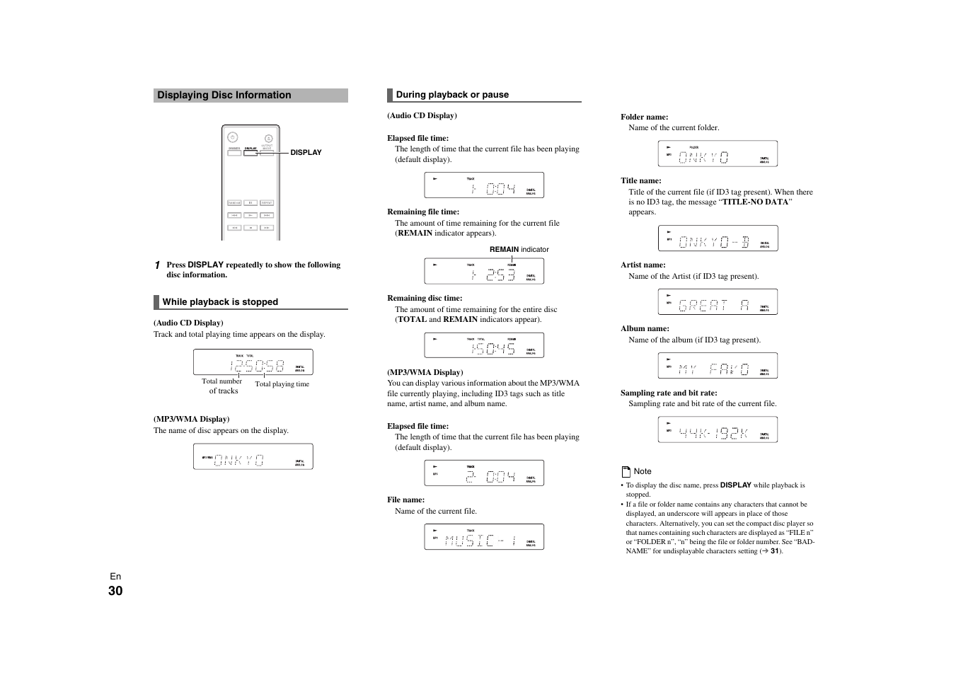 Displaying disc information, Button | Onkyo C-7000R User Manual | Page 30 / 36