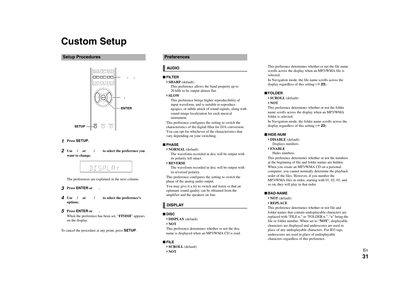 Custom setup, Setup procedures, Preferences | Setup procedures preferences, Ee “custom setup | Onkyo C-7000R User Manual | Page 31 / 36