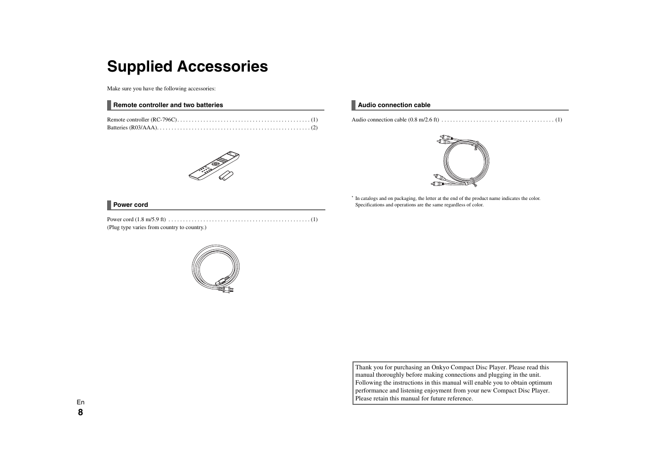 Supplied accessories | Onkyo C-7000R User Manual | Page 8 / 36