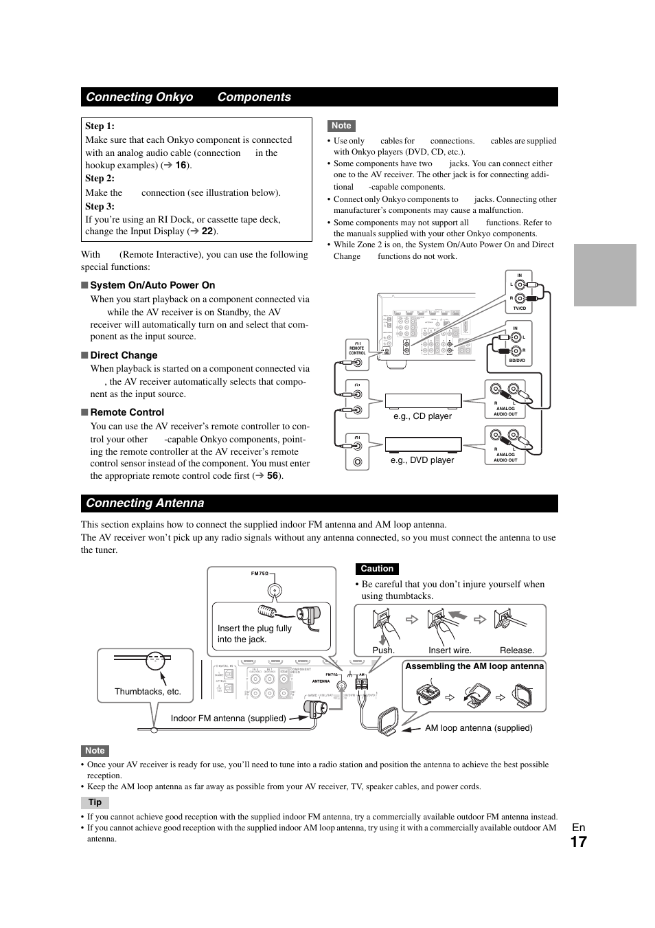 Connecting onkyo ri components, Connecting antenna, Connecting onkyo | Connecting onkyo components | Onkyo HT-RC260 User Manual | Page 17 / 72