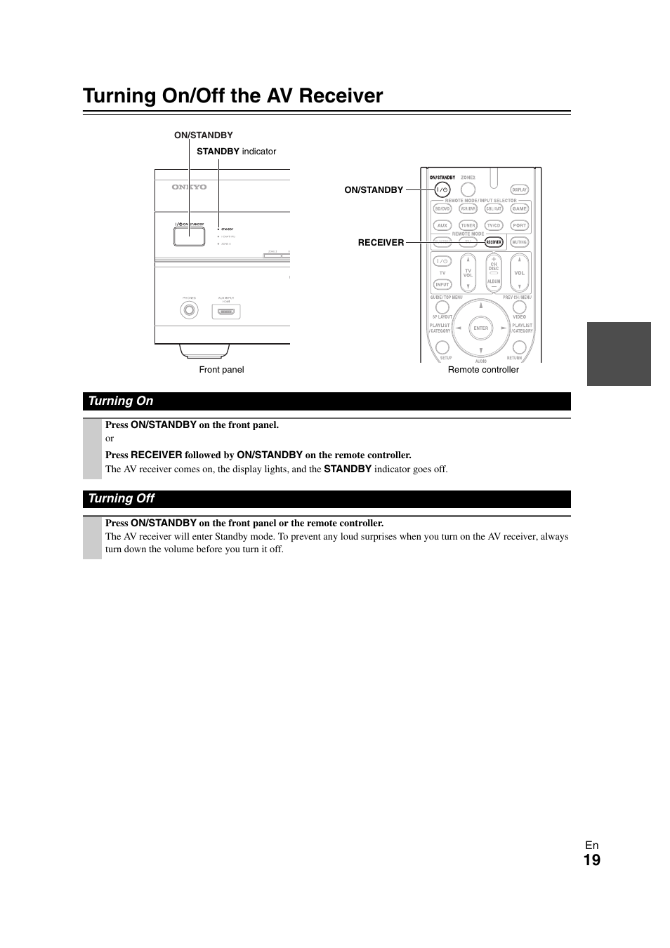 Turning on & basic operations, Turning on/off the av receiver, Turning on | Turning off, Turning on turning off, Cator, Tton | Onkyo HT-RC260 User Manual | Page 19 / 72