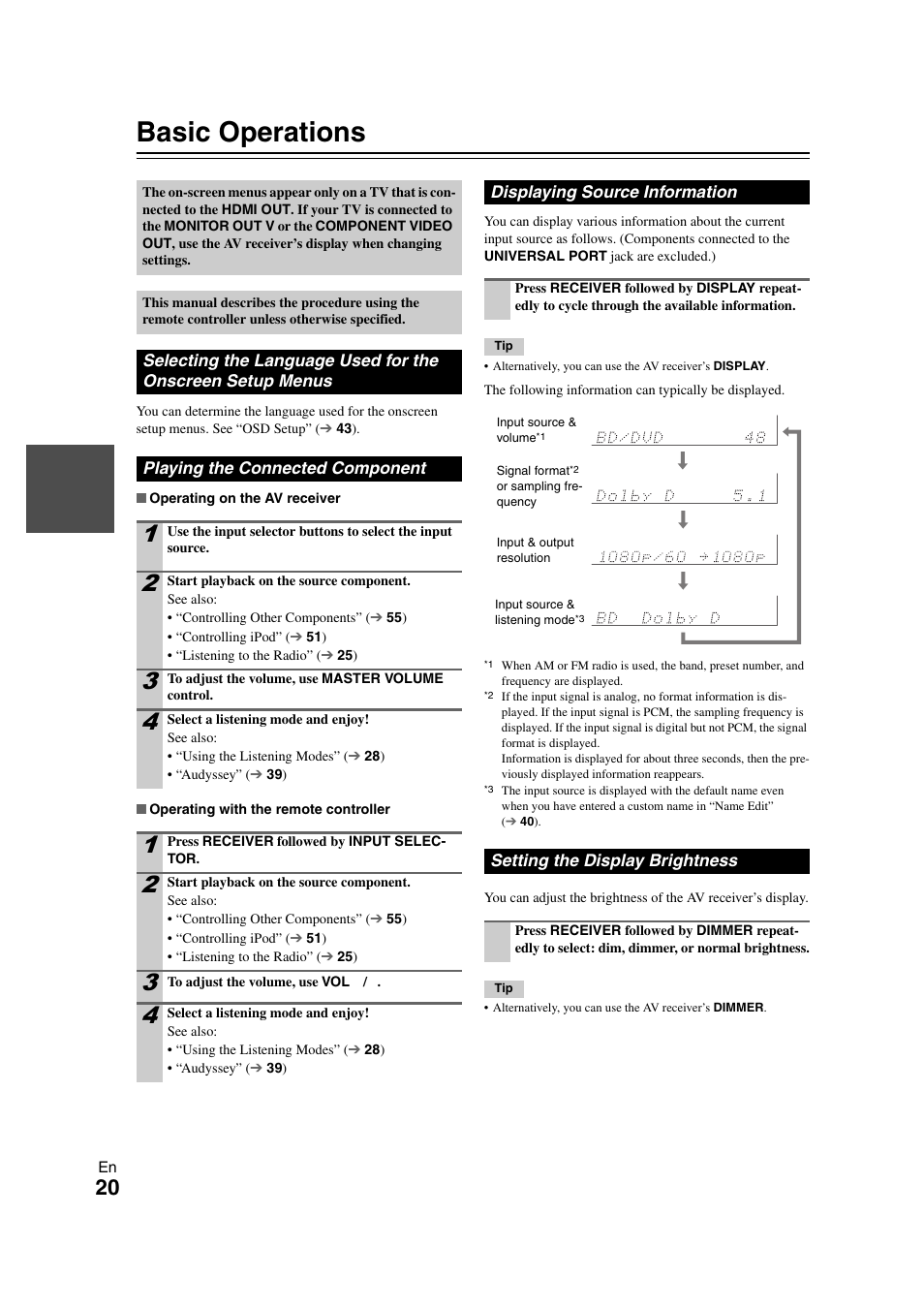 Basic operations, Playing the connected component, Displaying source information | Setting the display brightness, Selecting the language used for the onscreen, Setup menus, Tton | Onkyo HT-RC260 User Manual | Page 20 / 72