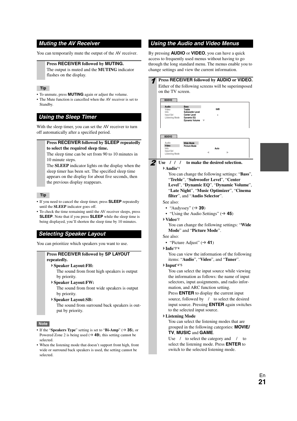 Muting the av receiver, Using the sleep timer, Selecting speaker layout | Using the audio and video menus, Tton | Onkyo HT-RC260 User Manual | Page 21 / 72