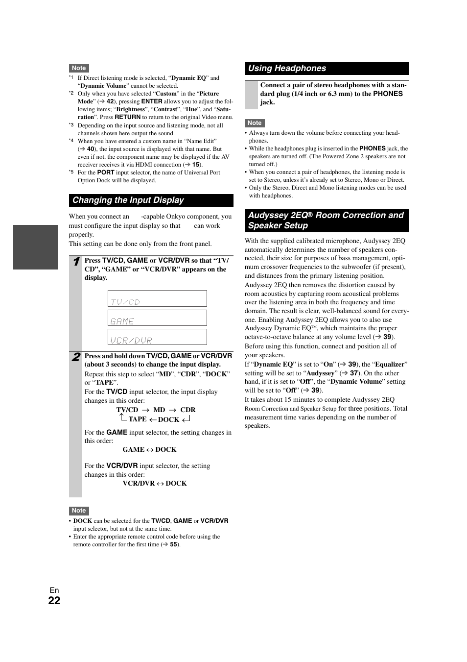 Changing the input display, Using headphones, Audyssey 2eq® room correction and speaker setup | Onkyo HT-RC260 User Manual | Page 22 / 72