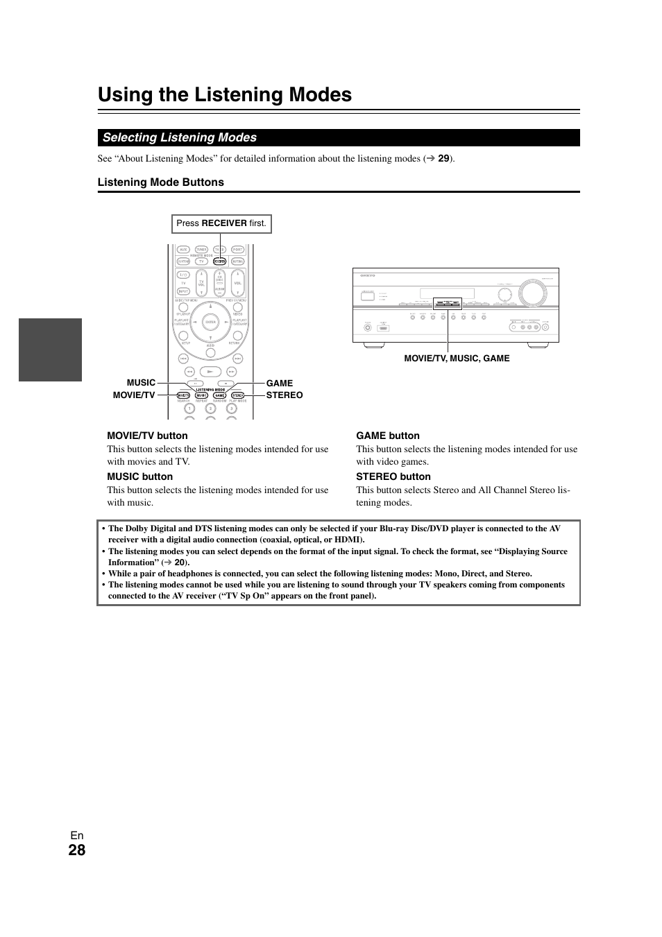 Using the listening modes, Selecting listening modes | Onkyo HT-RC260 User Manual | Page 28 / 72