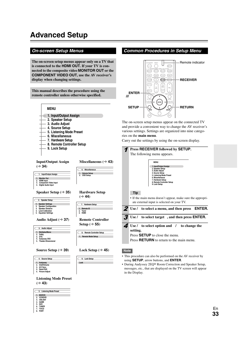 Advanced operations, Advanced setup, On-screen setup menus | Common procedures in setup menu, See “advanced setup” f, Details, Ee “advanced setup” for, Tails | Onkyo HT-RC260 User Manual | Page 33 / 72