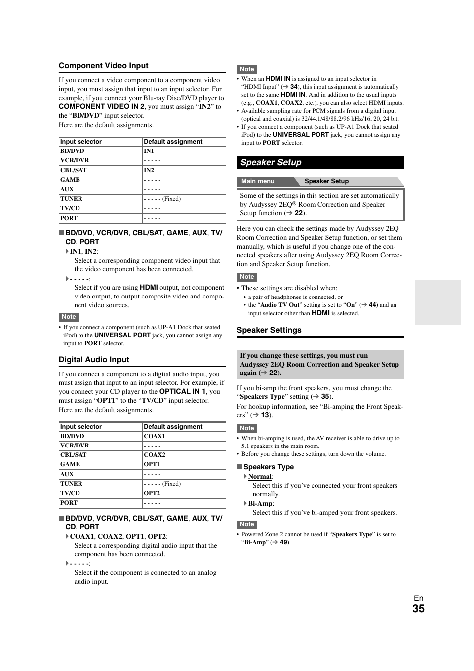 Speaker setup, Changed, Speakers type” setting | Igured in “component video input, 35, digital audio input ) | Onkyo HT-RC260 User Manual | Page 35 / 72