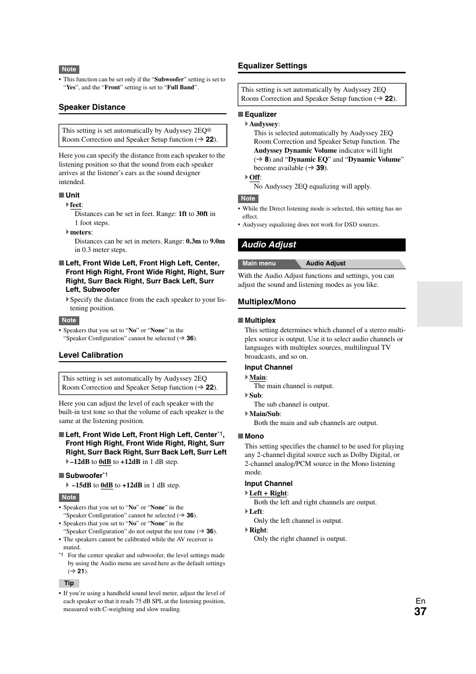 Audio adjust, Speaker distance, Level calibration | Equalizer settings | Onkyo HT-RC260 User Manual | Page 37 / 72