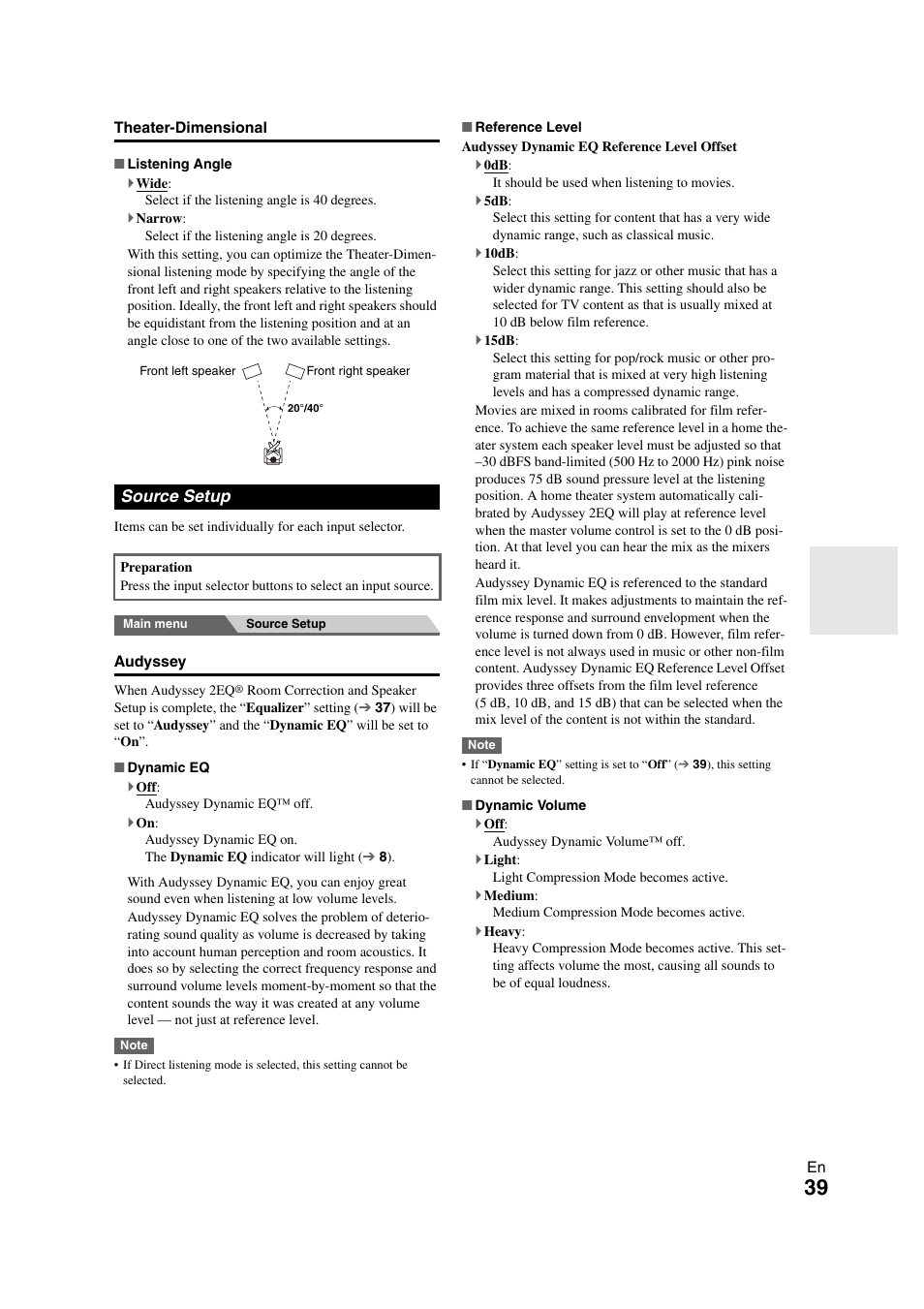 Source setup, Audyssey, 39 ), the | Onkyo HT-RC260 User Manual | Page 39 / 72