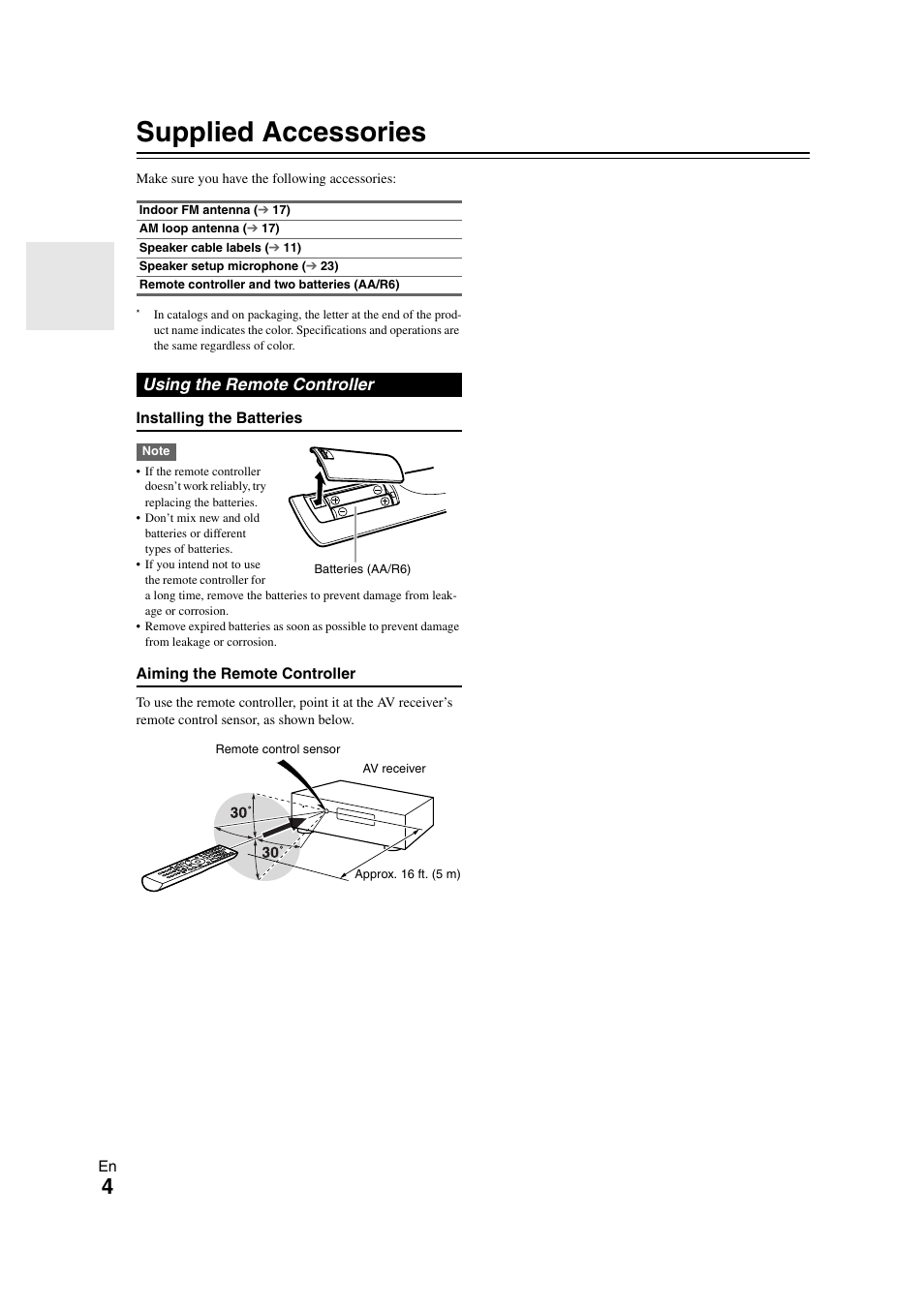 Supplied accessories, Using the remote controller | Onkyo HT-RC260 User Manual | Page 4 / 72