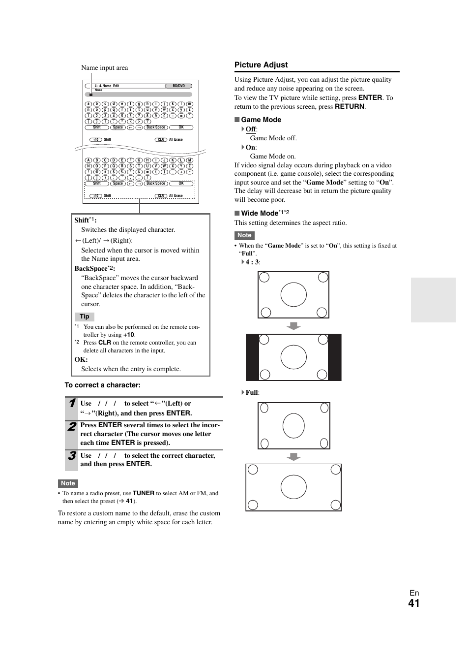 Picture adjust, This setting determines the aspect ratio, 4 : 3 : ` full | Name input area shift, Ok: selects when the entry is complete | Onkyo HT-RC260 User Manual | Page 41 / 72