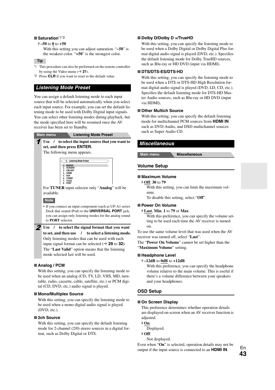 Listening mode preset, Miscellaneous, Listening mode preset miscellaneous | Osd setup | Onkyo HT-RC260 User Manual | Page 43 / 72