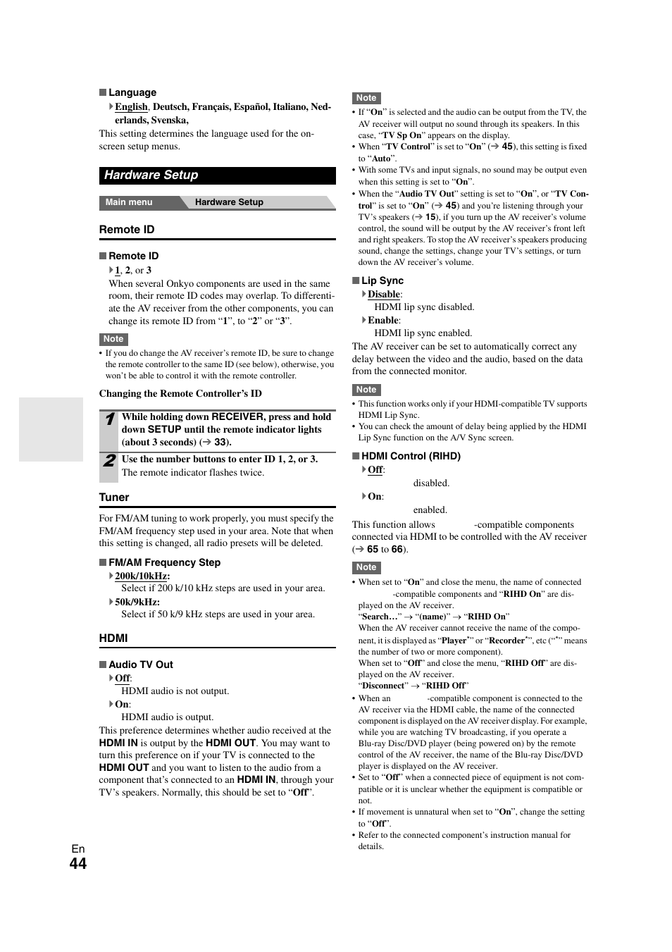 Hardware setup, 44 ) when the tv, 44 ) and | Onkyo HT-RC260 User Manual | Page 44 / 72