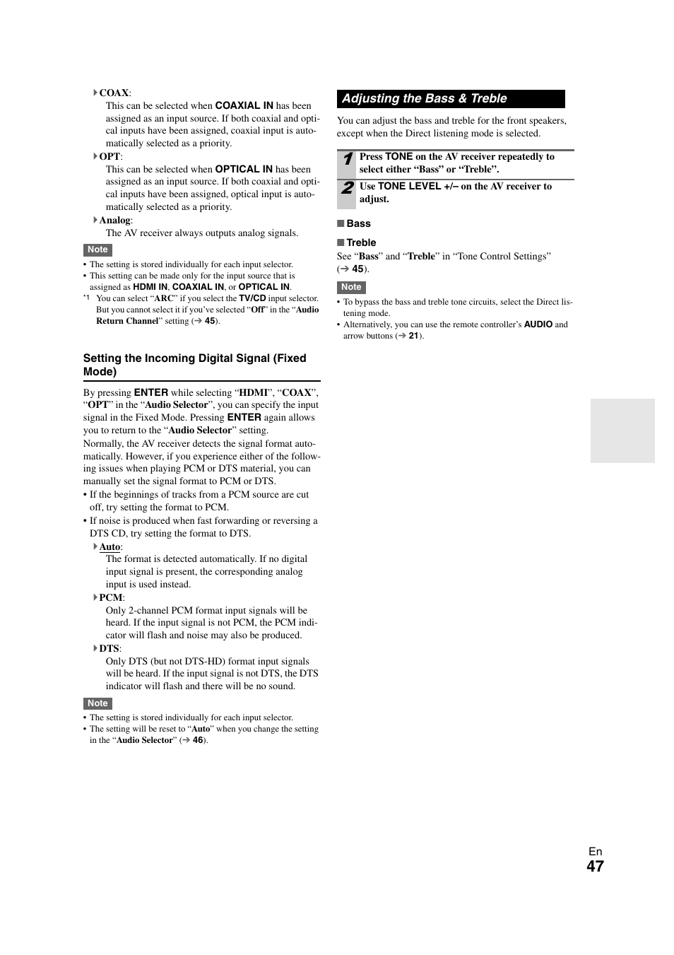 Adjusting the bass & treble | Onkyo HT-RC260 User Manual | Page 47 / 72