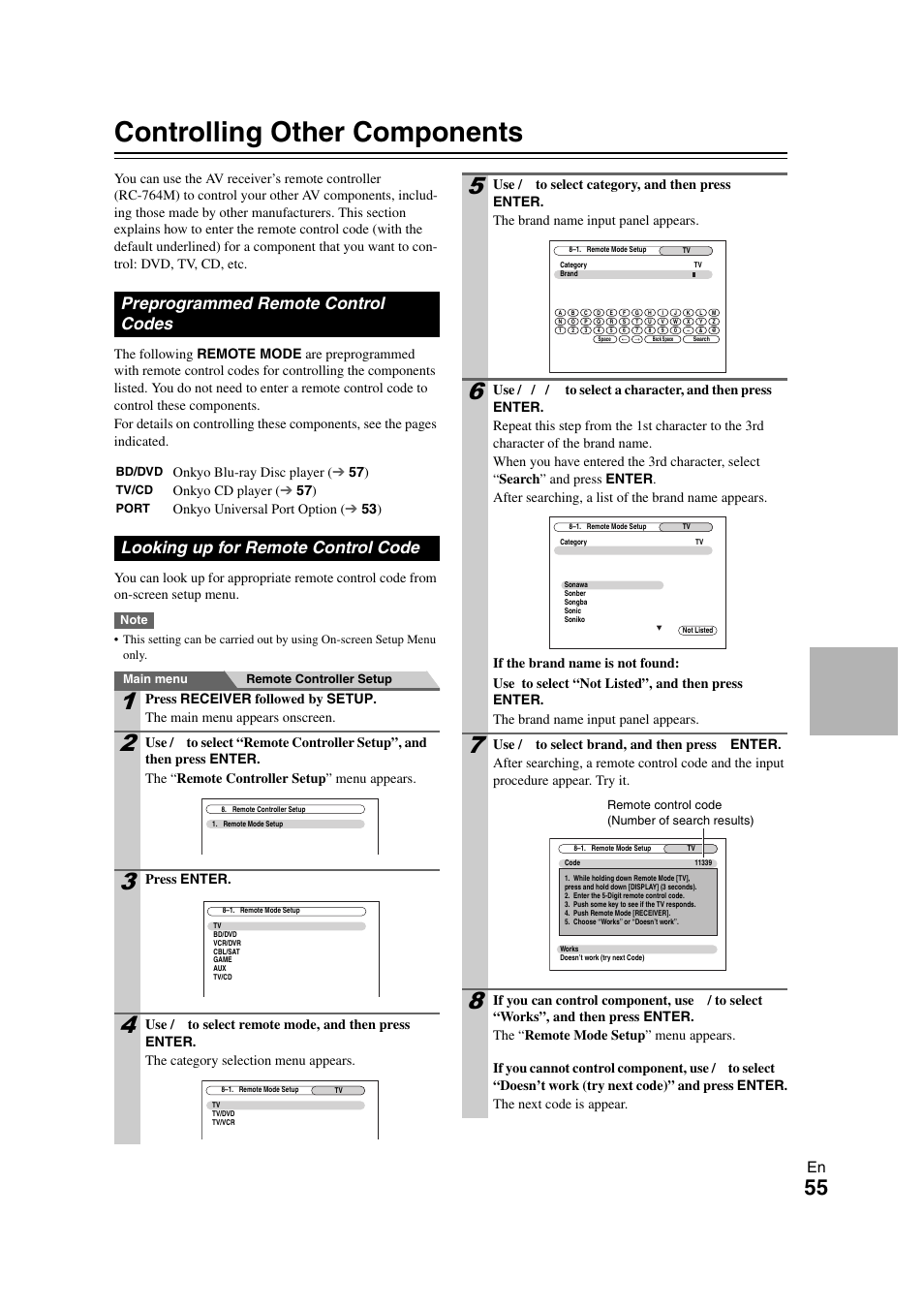 Controlling other components, Preprogrammed remote control codes, Looking up for remote control code | Onkyo HT-RC260 User Manual | Page 55 / 72