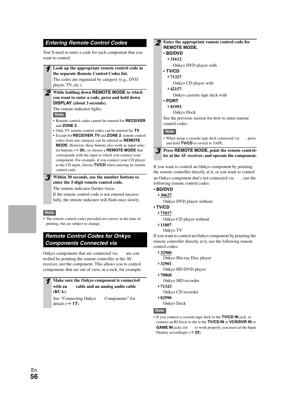 Entering remote control codes, Connected via, See “entering remote control codes | E “entering remote control codes” f | Onkyo HT-RC260 User Manual | Page 56 / 72