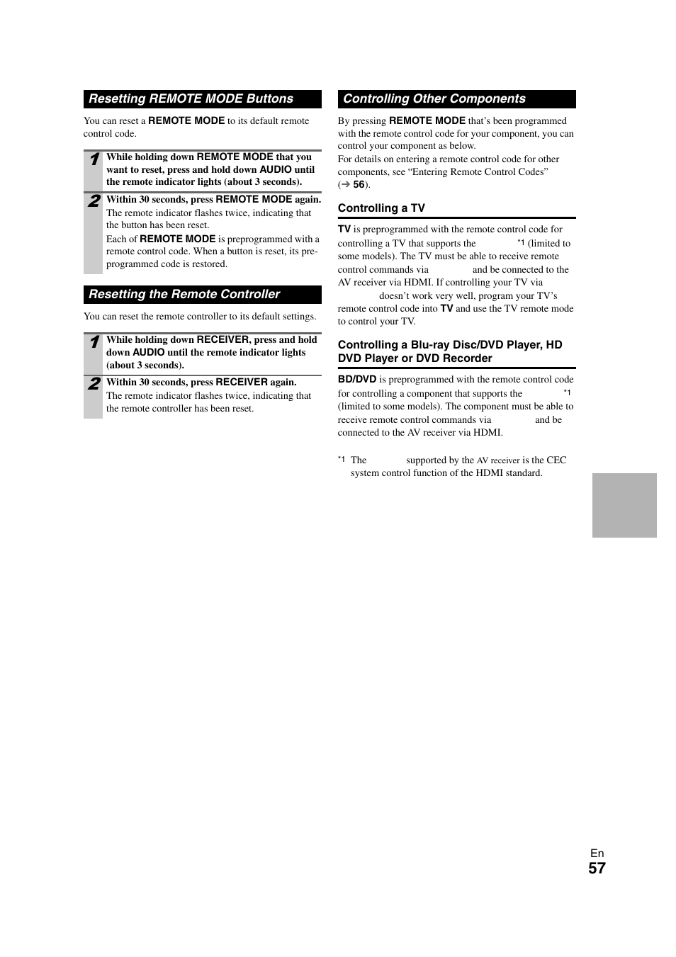 Resetting remote mode buttons, Resetting the remote controller, Controlling other components | Player | Onkyo HT-RC260 User Manual | Page 57 / 72