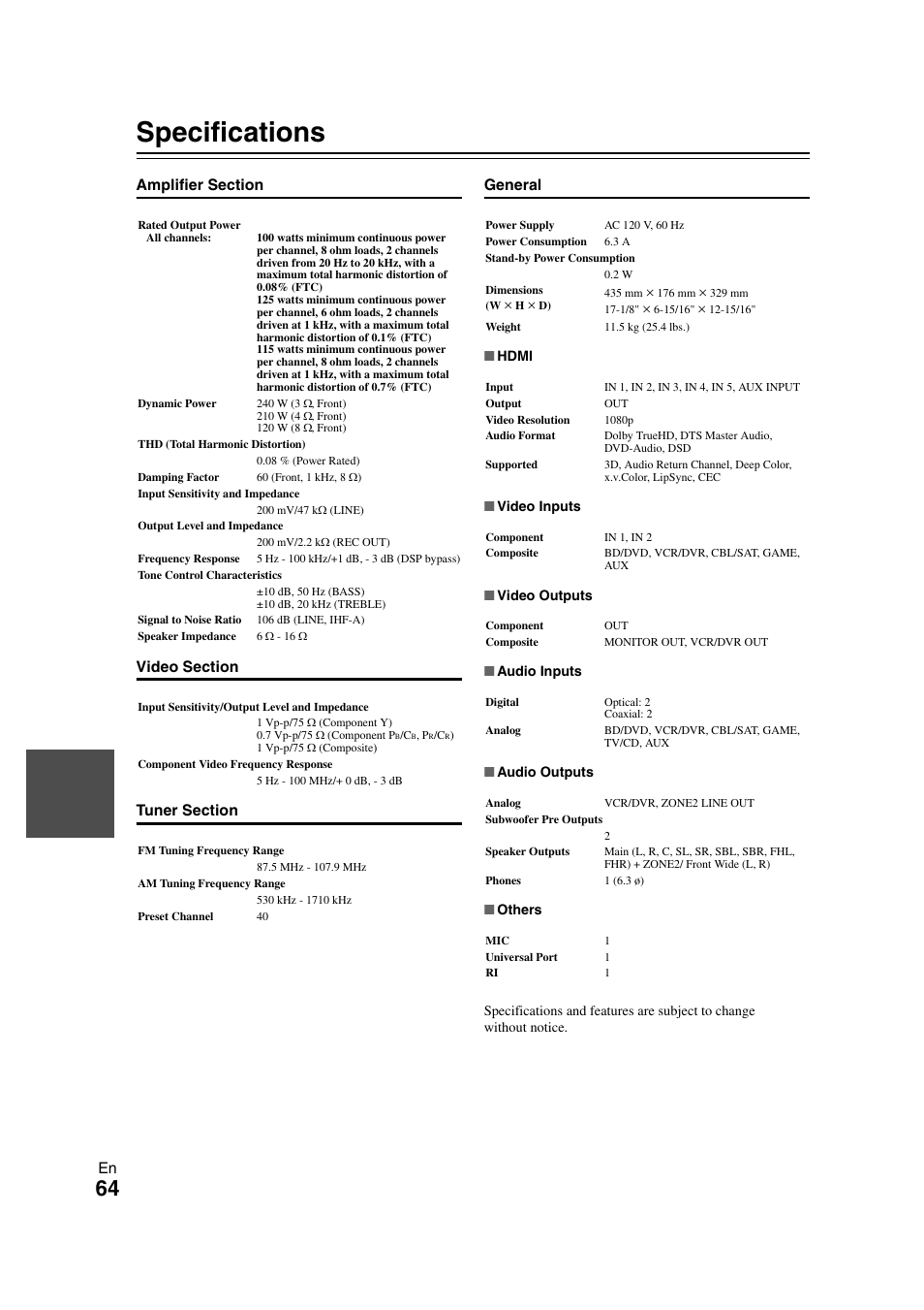 Specifications | Onkyo HT-RC260 User Manual | Page 64 / 72