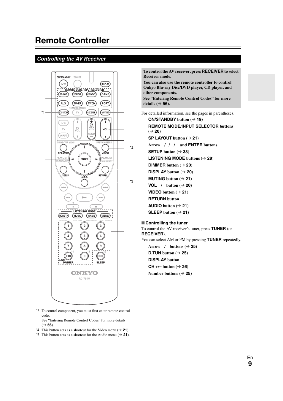 Remote controller, Controlling the av receiver | Onkyo HT-RC260 User Manual | Page 9 / 72