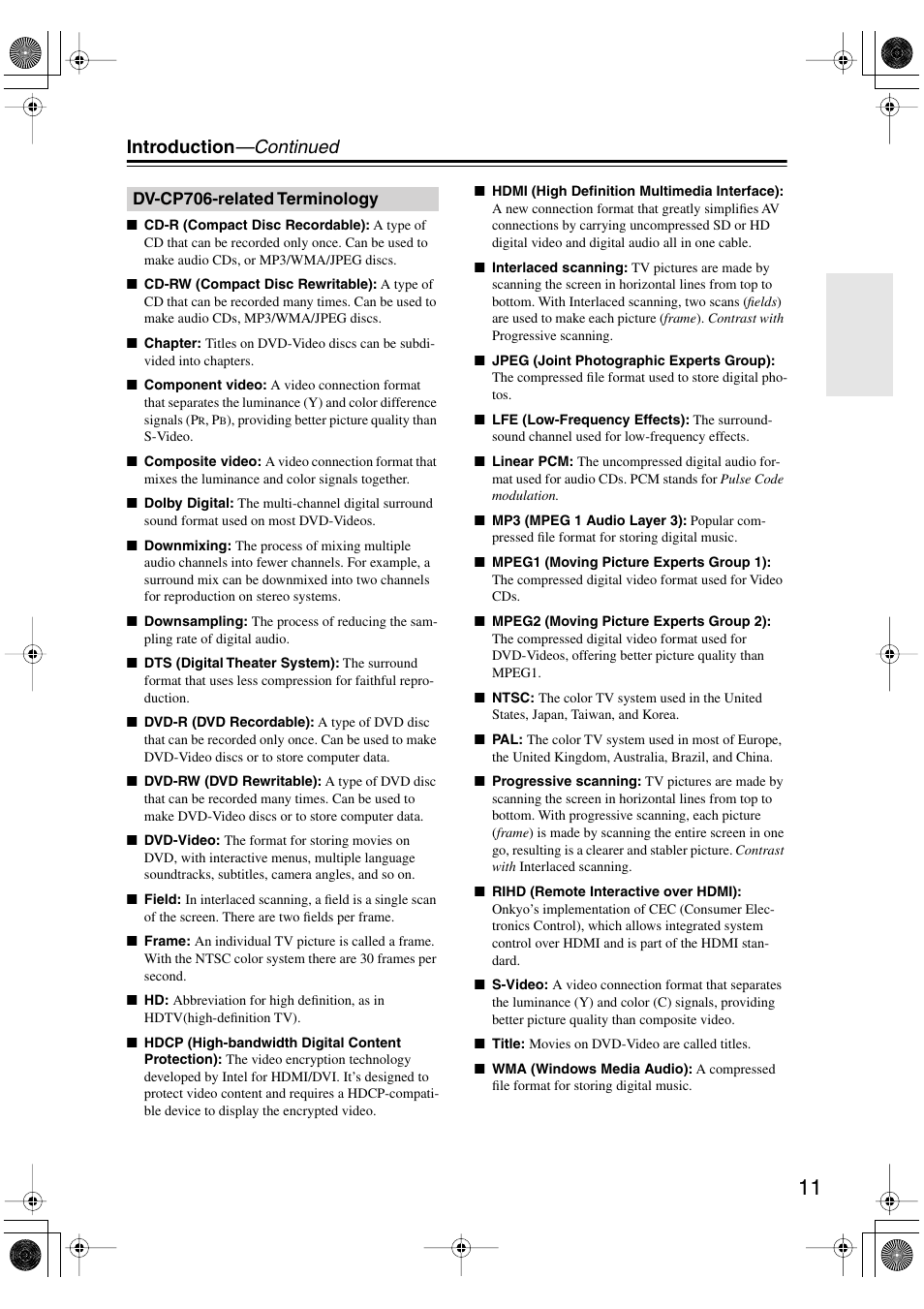 Dvcp706-related terminology, Dv-cp706-related terminology, Introduction —continued | Onkyo DV-CP706 User Manual | Page 11 / 56