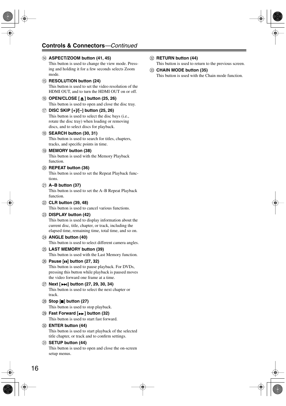 Controls & connectors —continued | Onkyo DV-CP706 User Manual | Page 16 / 56