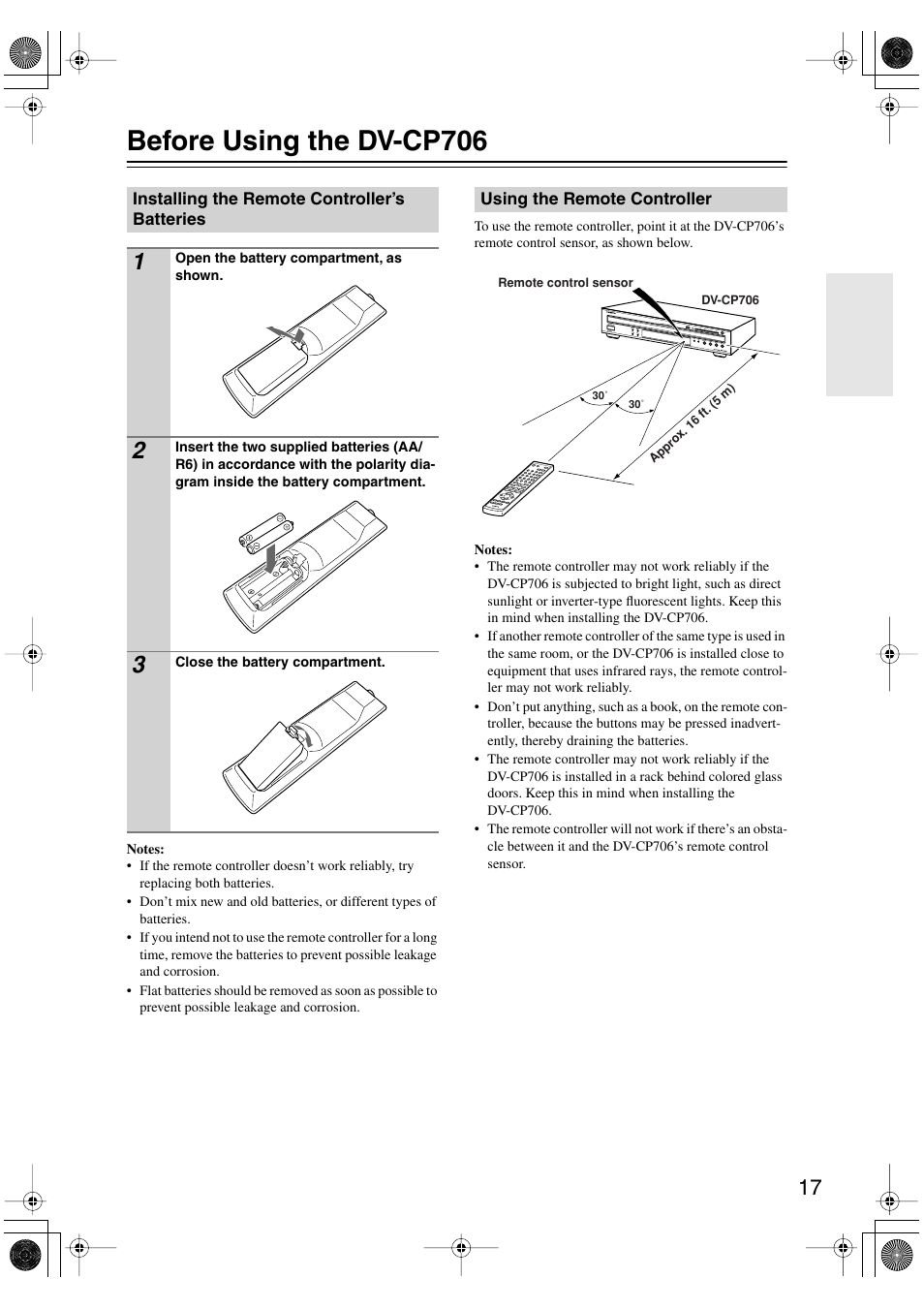 Before using the dvcp706, Installing the remote controller’s batteries, Using the remote controller | Before using the dv-cp706, Installing the remote controller’s, Batteries, Ol sensor (17) | Onkyo DV-CP706 User Manual | Page 17 / 56