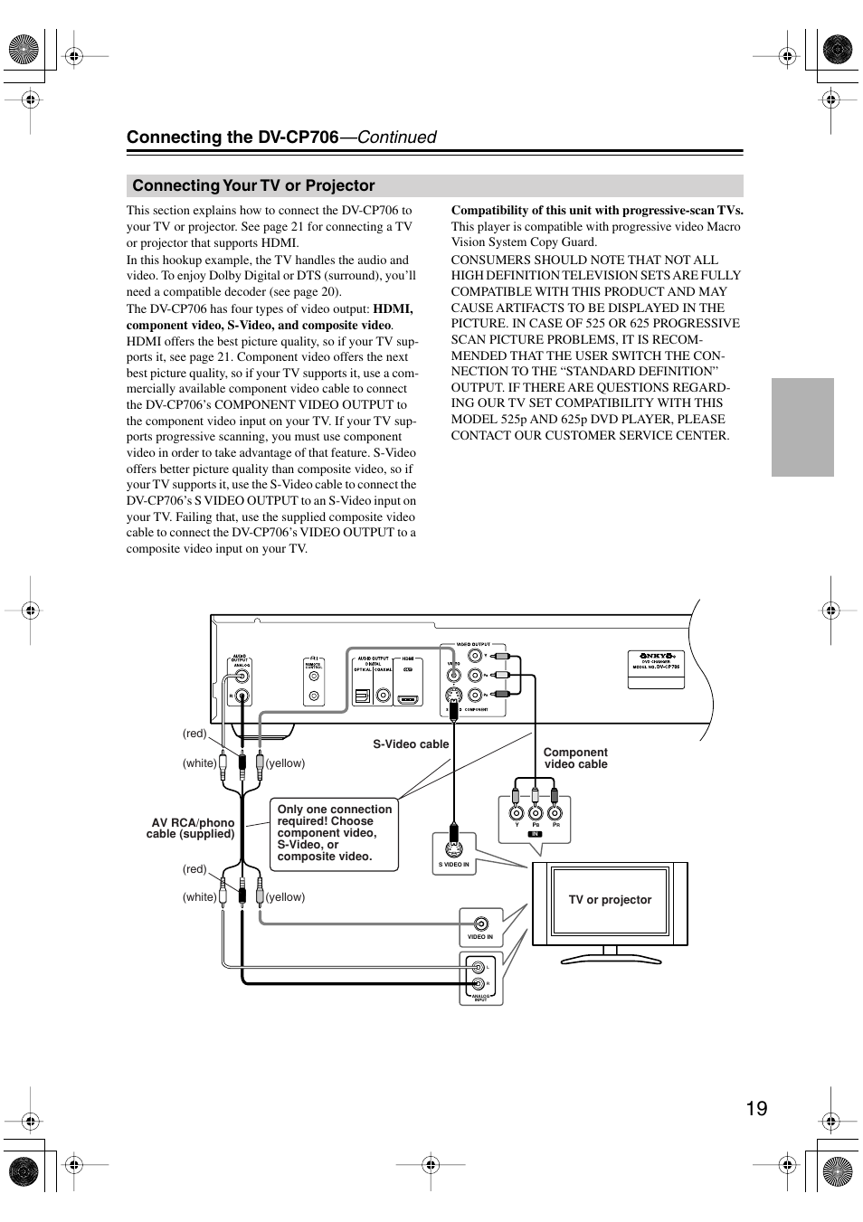 Connecting your tv or projector, Connecting the dv-cp706 —continued | Onkyo DV-CP706 User Manual | Page 19 / 56