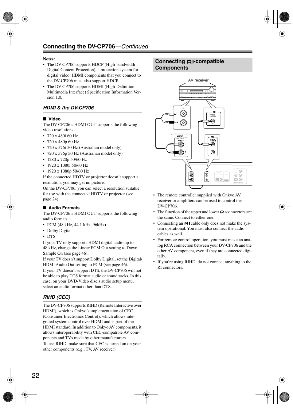 Connecting -compatible components, Connecting the dv-cp706 —continued | Onkyo DV-CP706 User Manual | Page 22 / 56
