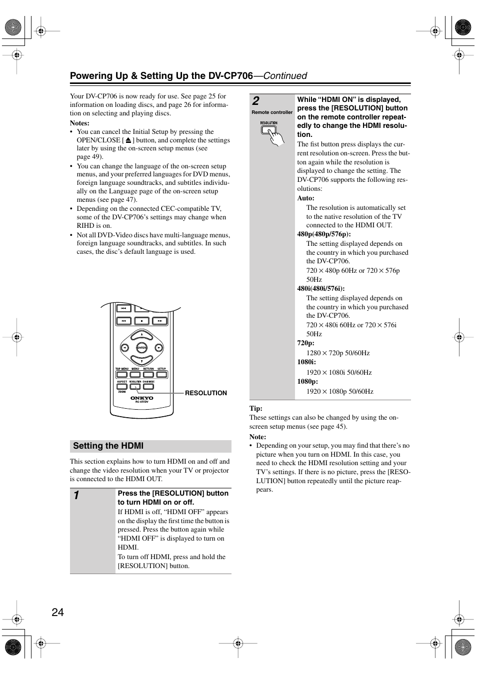 Setting the hdmi, Utton (24, Utton (24) | Powering up & setting up the dv-cp706 —continued | Onkyo DV-CP706 User Manual | Page 24 / 56