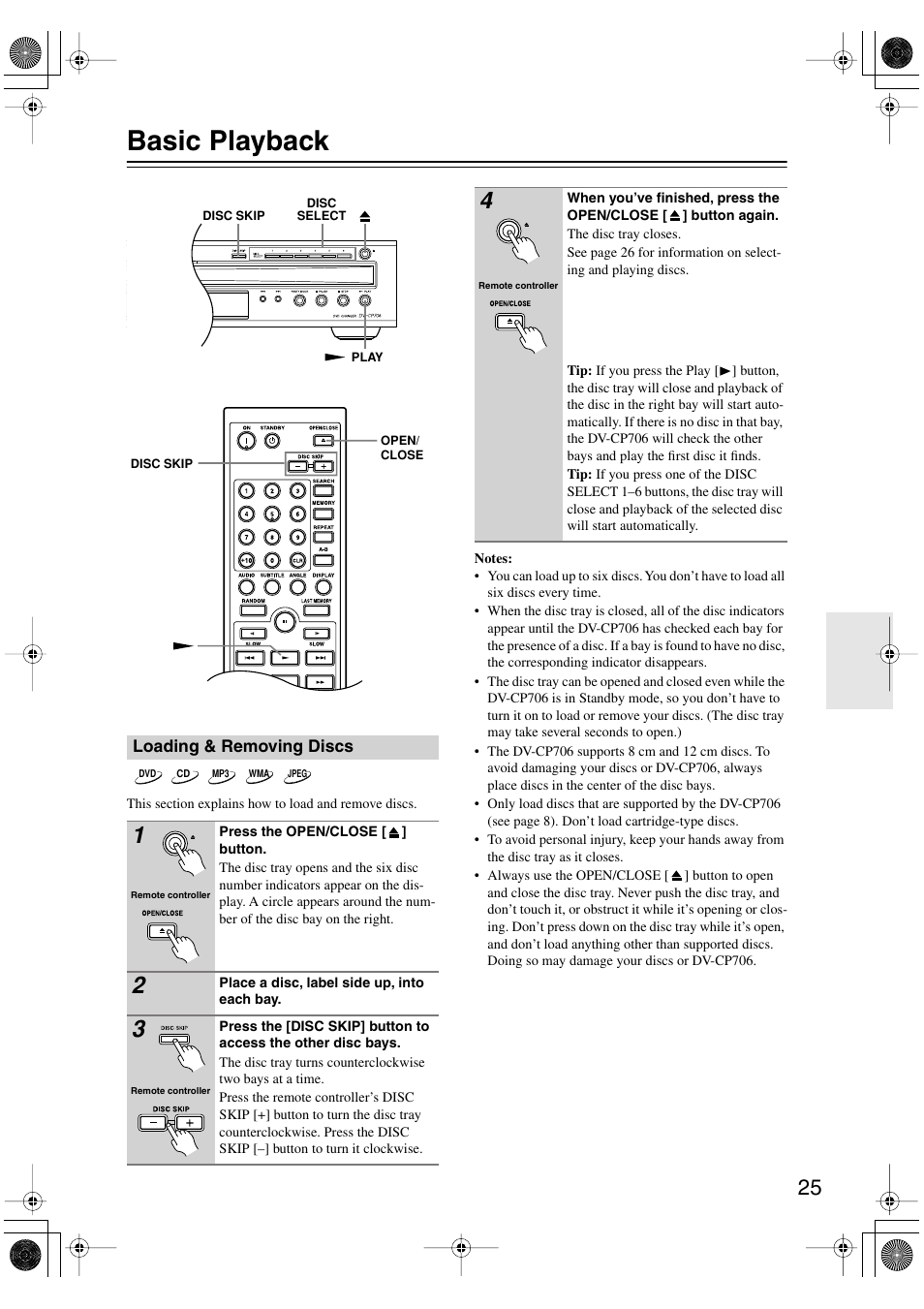 Basic playback, Loading & removing discs, Y (25) | Utton (25, S 1–6 (25) | Onkyo DV-CP706 User Manual | Page 25 / 56