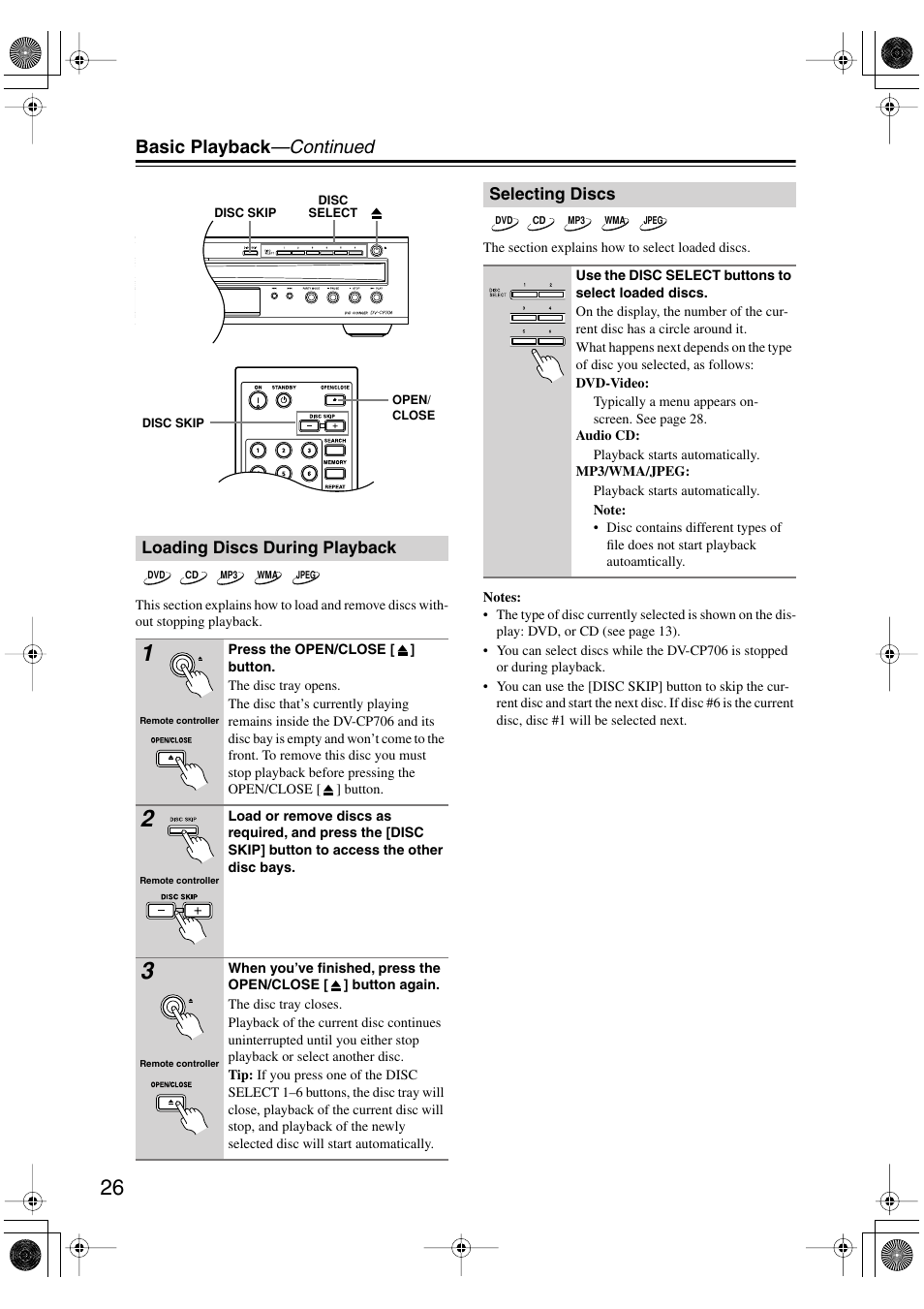 Loading discs during playback, Selecting discs, Loading discs during playback selecting discs | Uttons (26), Basic playback —continued | Onkyo DV-CP706 User Manual | Page 26 / 56