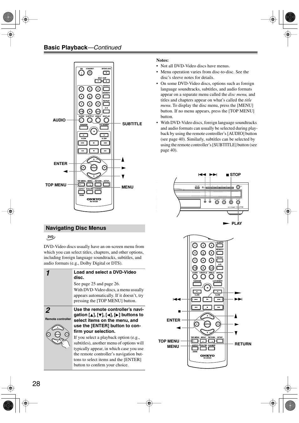 Navigating disc menus, Utton (28, Uttons (28) | Basic playback —continued | Onkyo DV-CP706 User Manual | Page 28 / 56