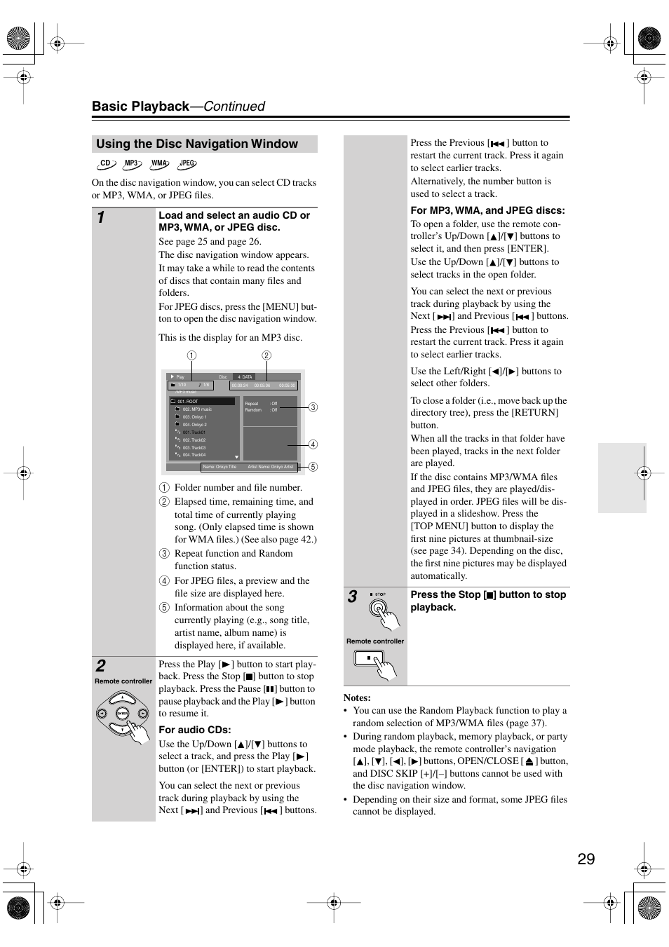 Using the disc navigation window, Basic playback —continued | Onkyo DV-CP706 User Manual | Page 29 / 56