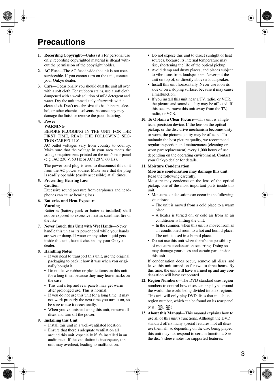 Precautions | Onkyo DV-CP706 User Manual | Page 3 / 56