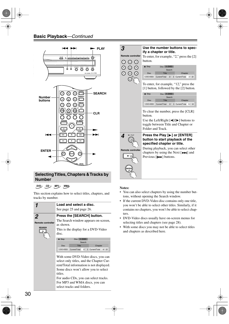 Selecting titles, chapters & tracks by number, Selecting titles, chapters & tracks by, Number | Uttons (30, Utton (30, Basic playback —continued | Onkyo DV-CP706 User Manual | Page 30 / 56