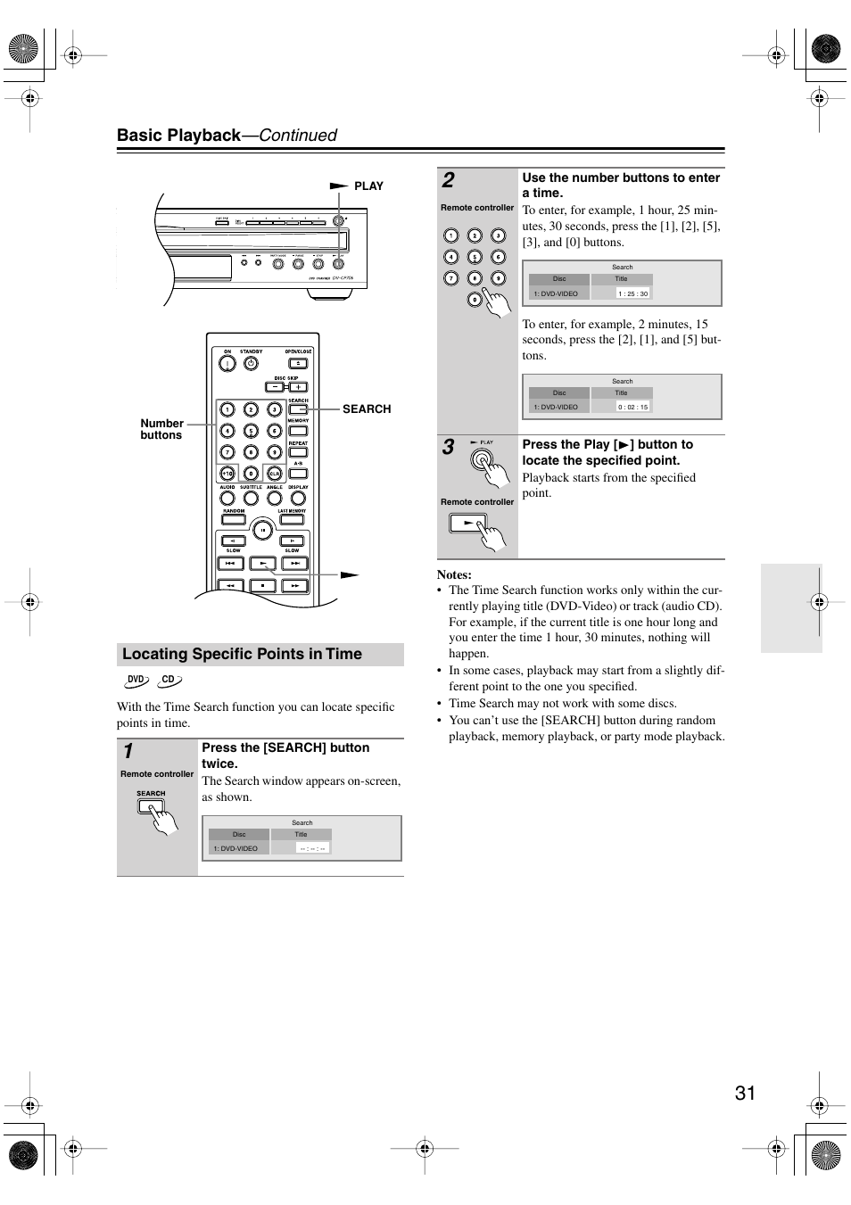 Locating specific points in time, Basic playback —continued | Onkyo DV-CP706 User Manual | Page 31 / 56