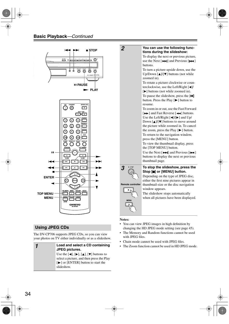 Using jpeg cds, Basic playback —continued | Onkyo DV-CP706 User Manual | Page 34 / 56