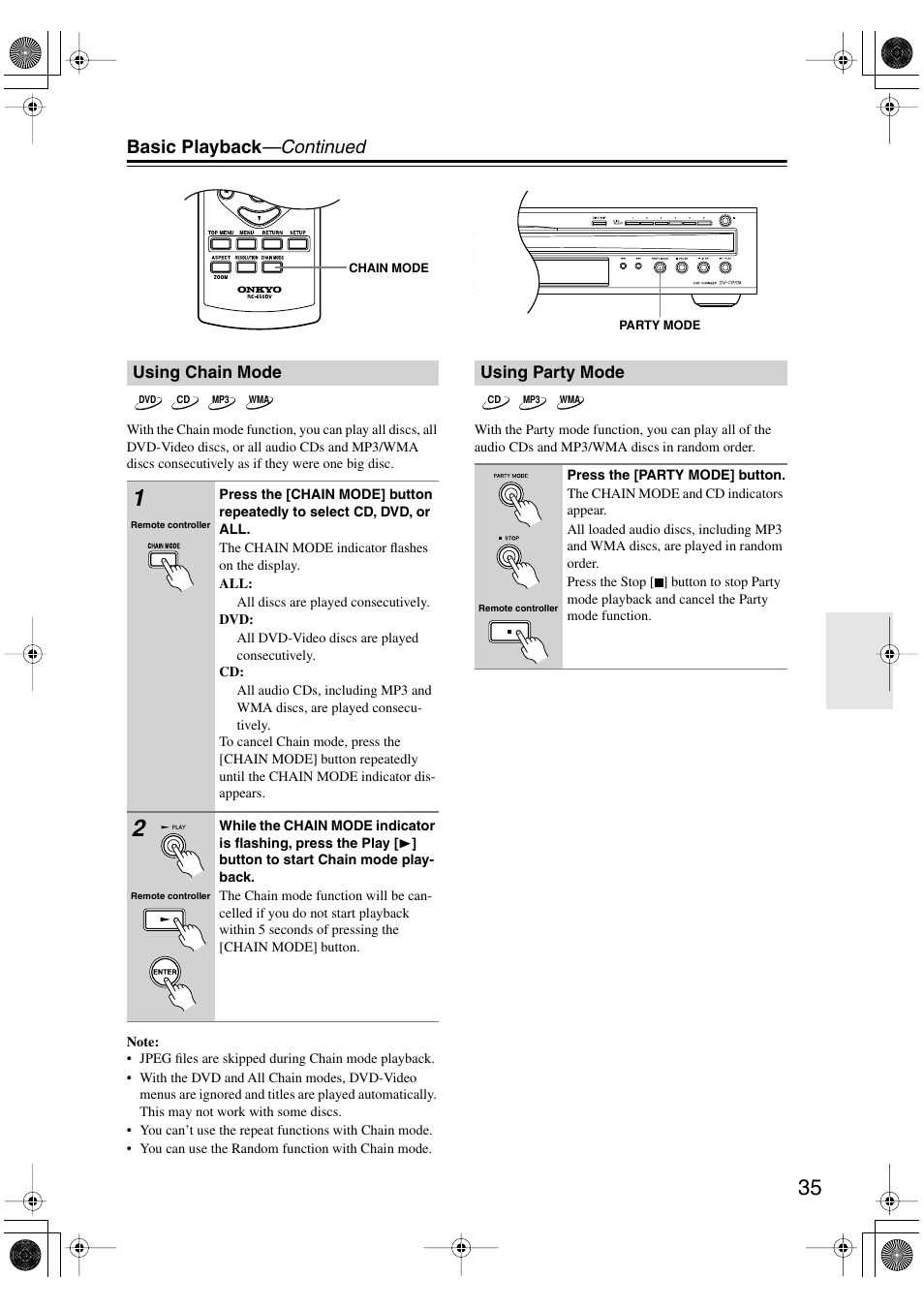 Using chain mode, Using party mode, Using chain mode using party mode | Utton (35), Basic playback —continued | Onkyo DV-CP706 User Manual | Page 35 / 56